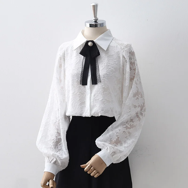 Bow Tie Lace Women's Shirt Mesh Solid White Autumn Long Lantern Sleeve Female Tops Formal See Through Office Ladies Shirts
Bow Tie Lace Women's Shirt Mesh Solid White Autumn Long Lantern Sleeve Female Tops Formal See Through Office Ladies Shirts