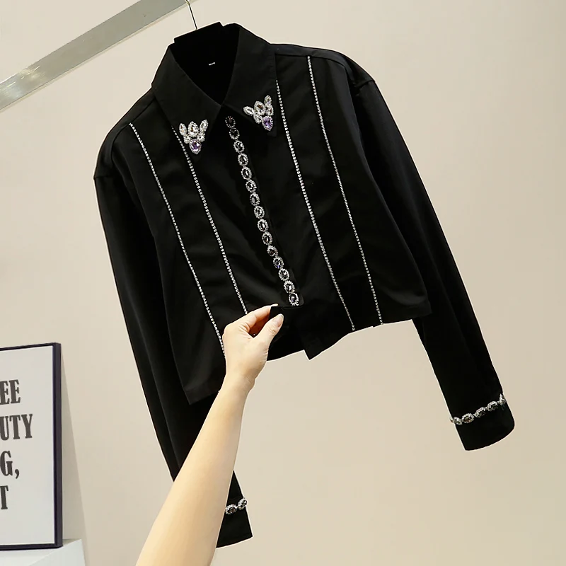 Single-Breasted Lapel Short Shirt Blouse for Women Loose All-Matching Shirts Women 's Long Sleeve Diamonds Blouses Blusas Mujer
Single-Breasted Lapel Short Shirt Blouse for Women Loose All-Matching Shirts Women 's Long Sleeve Diamonds Blouses Blusas Mujer