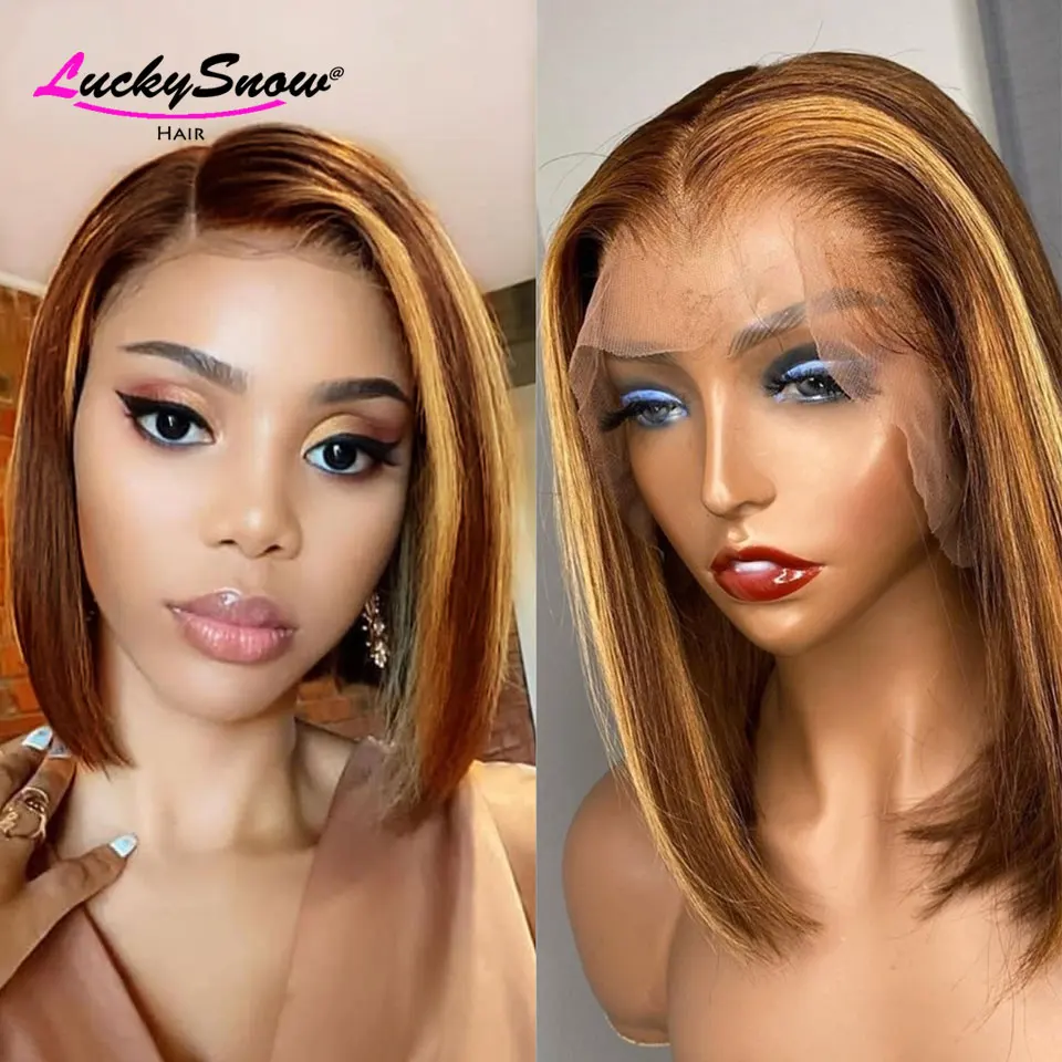 

13x4 Highlight Bob Lace Front Wigs 150 Density Brazilian Straight Remy 13x1 T Part Wig Transparent Short 4x4 Closure Women Wigs