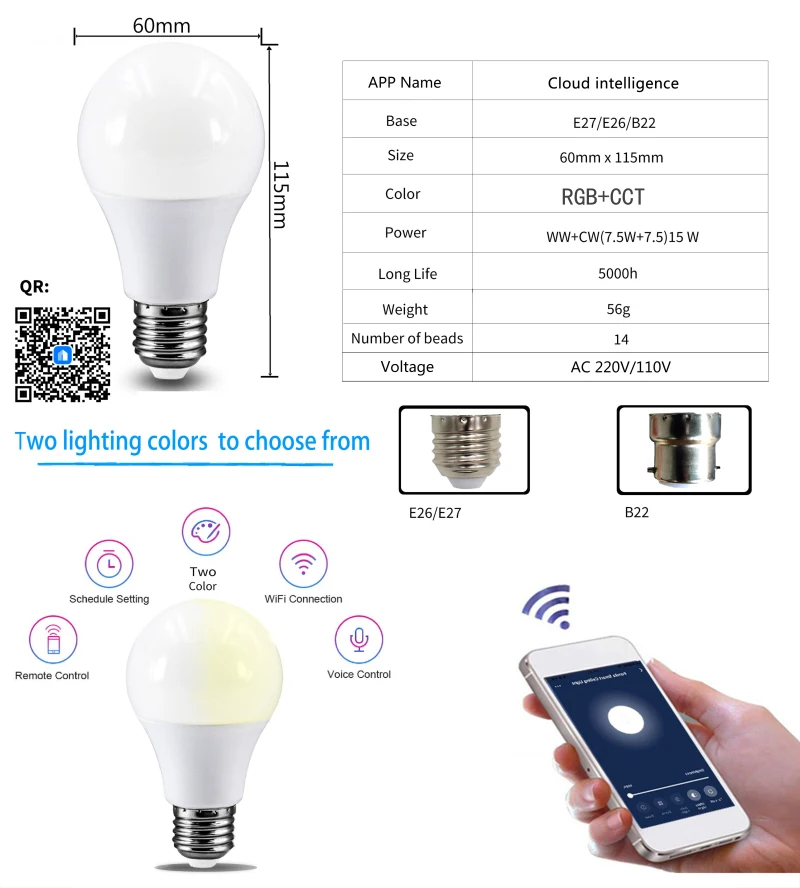 15W WiFi Smart Light Bulb B22 E27 LED RGB Lamp Work with Alexa/Google Home 220V/110V RGB Dimmable Timer Function Magic Bulb
15W WiFi Smart Light Bulb B22 E27 LED RGB Lamp Work with Alexa/Google Home 220V/110V RGB Dimmable Timer Function Magic Bulb