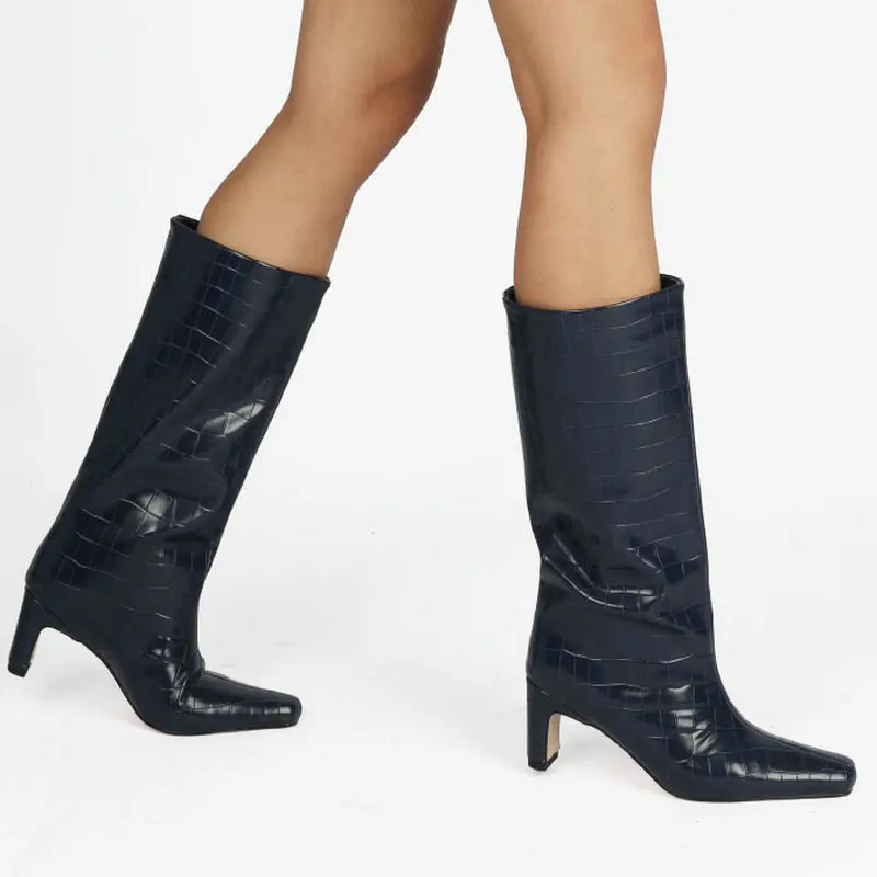 

Женские сапоги с квадратным носком, высокие сапоги до колена без застежек, на низком квадратном каблуке, в стиле ретро, Осень-зима 2021