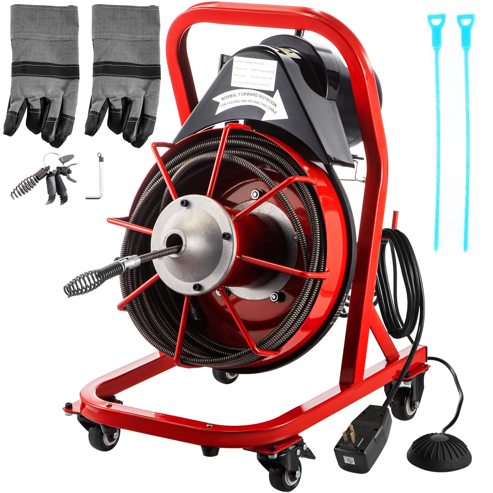 

VEVOR 3/8'' Compact Drain Auger Pipe Cleaner 50FT Mn Steel Core Cable Electric Cleaning Machine 370W for Toilets Sinks Showers