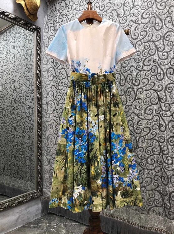 2021 new women fashion round neck color matching printed pattern decorative buckle belt short sleeve dress 817
2021 new women fashion round neck color matching printed pattern decorative buckle belt short sleeve dress 817