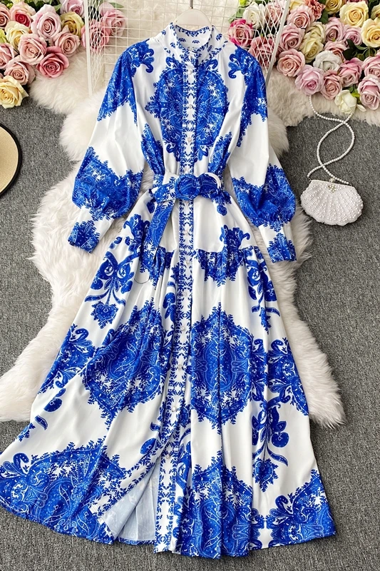 Vintage Nation Style Print Long Dress Women High Waist Hip Sashes Slim Vestidos Stand Collar Long Sleeve Robe Spring 
Vintage Nation Style Print Long Dress Women High Waist Hip Sashes Slim Vestidos Stand Collar Long Sleeve Robe Spring