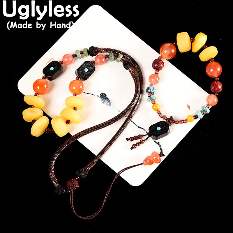 

Uglyless Creative Multi Gemstones Beading Bracelets for Women Elastic Rope Agate Turquoise Beeswax Amber Bracelets Wooden Charm