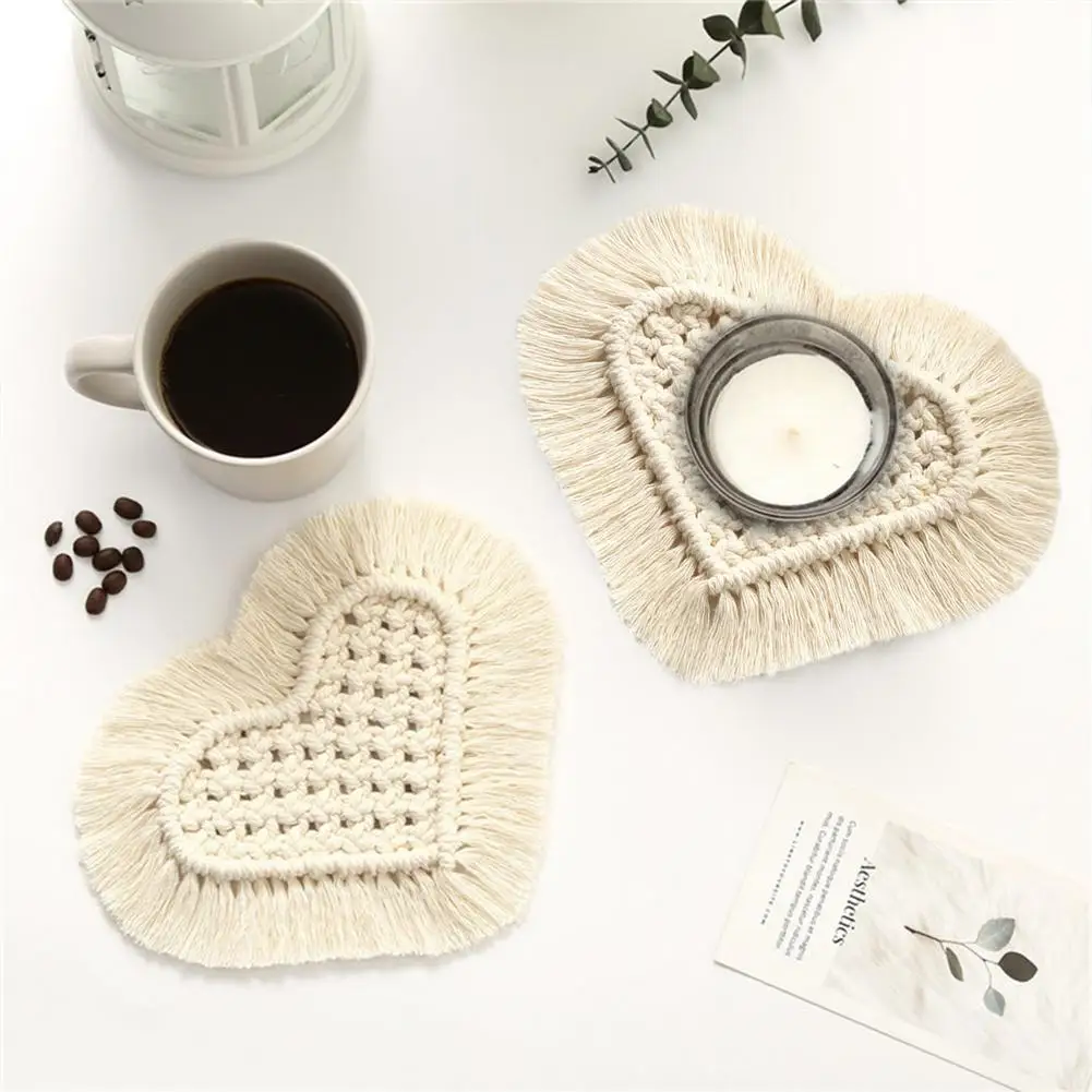 Cotton Cup Mat Handwoven Coasters Table Decor Bohemian Braided Coasters Woven Heart Shape Cup Mat with Tassels
Cotton Cup Mat Handwoven Coasters Table Decor Bohemian Braided Coasters Woven Heart Shape Cup Mat with Tassels