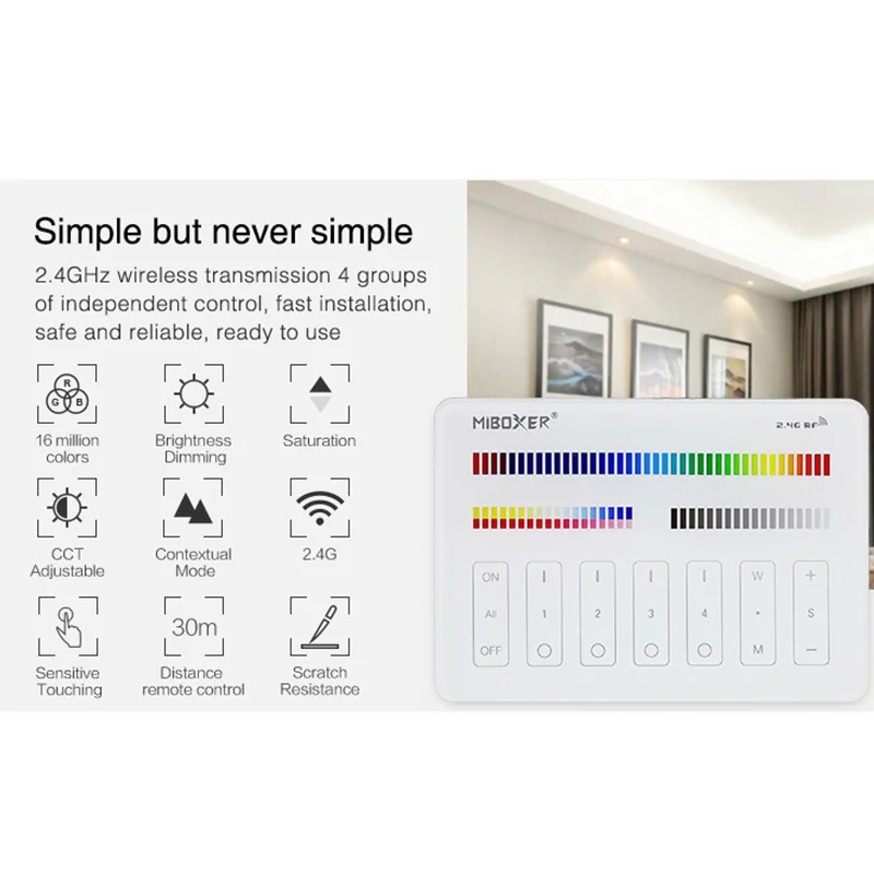 Miboxer M4 DC3.3V 4zone 2.4G Wireless Transmitting Italian Standard RGB/RGBW/RGB+CCT Series Panel Remote Controller
Miboxer M4 DC3.3V 4zone 2.4G Wireless Transmitting Italian Standard RGB/RGBW/RGB+CCT Series Panel Remote Controller
