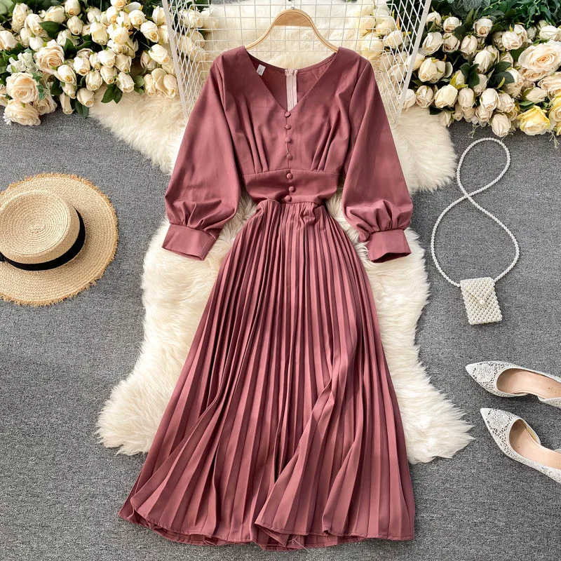 2020 New Autumn Women's V-neck High Waist Thin Pleated Dress Lady Fashion Solid Color Elegant Clothes Harajuku Vestidos P634
2020 New Autumn Women's V-neck High Waist Thin Pleated Dress Lady Fashion Solid Color Elegant Clothes Harajuku Vestidos P634