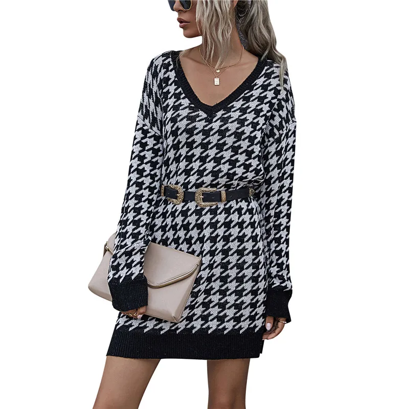 Women Noble Geometric Knit Dress Winter Slim Knot Sashes Sweater Dress A-line Houndstooth Warm Pullover Vestido
Women Noble Geometric Knit Dress Winter Slim Knot Sashes Sweater Dress A-line Houndstooth Warm Pullover Vestido