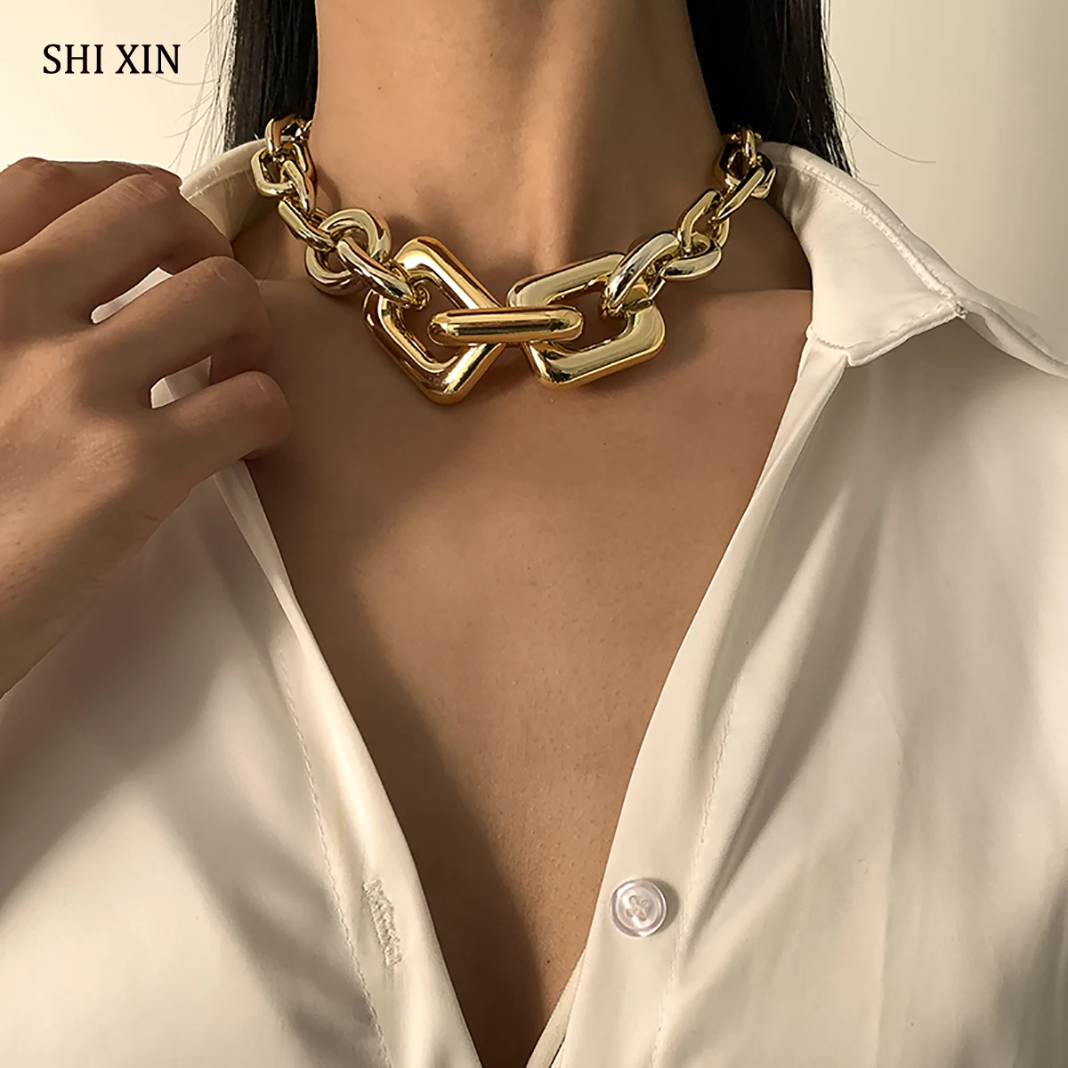 

SHIXIN Large Chunky Short Choker Necklace Colar for Women Hiphop Thick Link Chain Necklace on the Neck Statement Jewelry Collier