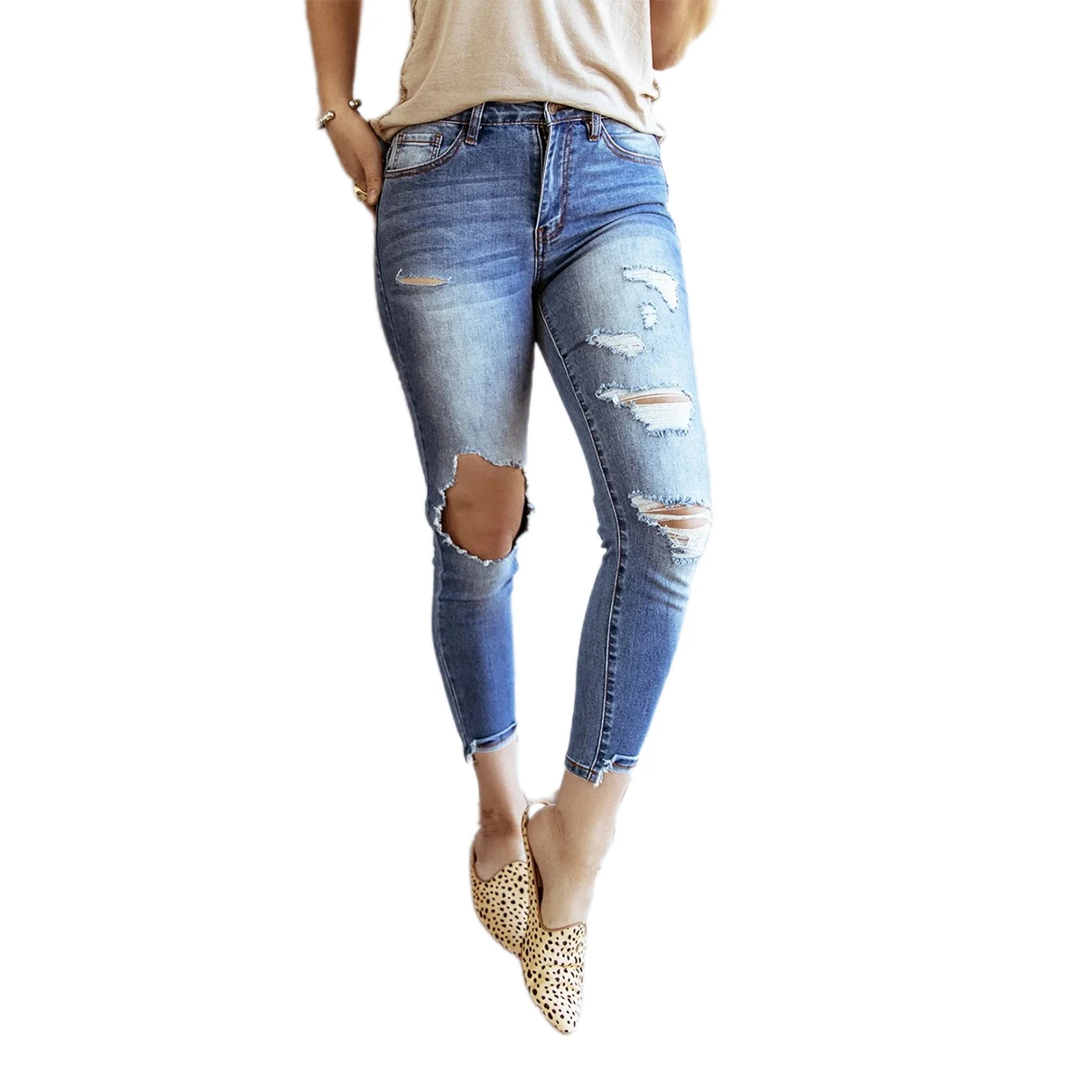 

Женские джинсовые узкие брюки, джинсы с высокой талией, рваные брюки-карандаш до колена с дырками, Стрейчевые женские джинсы