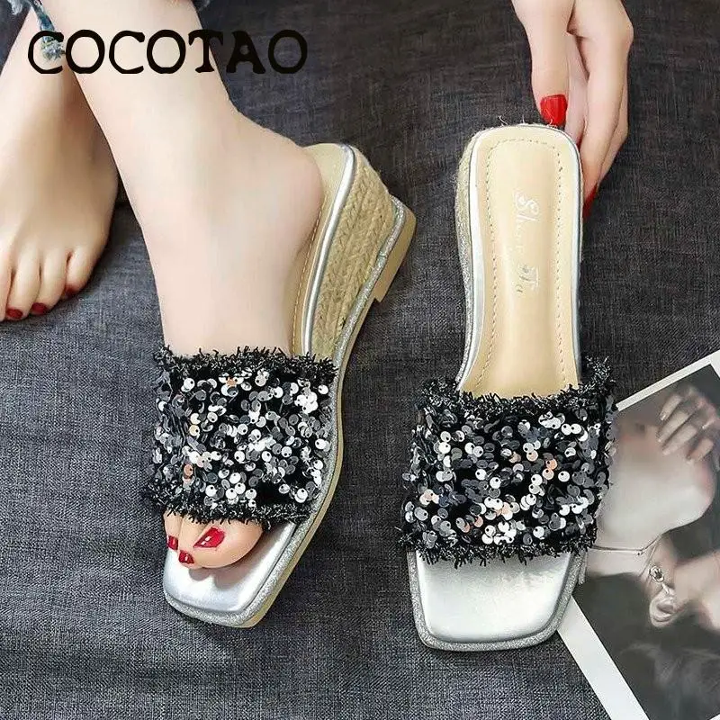 Thick High-heeled Slippers Outdoor Wear Fashionable Women's Shoes Sequin Sandals 2020 Summer New Beautiful Wild | Обувь