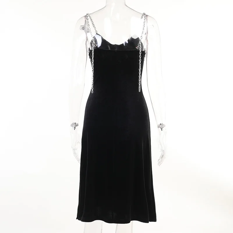 Chain Velvet Gothic Dresses 2021 Summer Off Shoulder Backless Bodycon Dress Cotton Split Streetwear Metal Strap Dress for Women
Chain Velvet Gothic Dresses 2021 Summer Off Shoulder Backless Bodycon Dress Cotton Split Streetwear Metal Strap Dress for Women