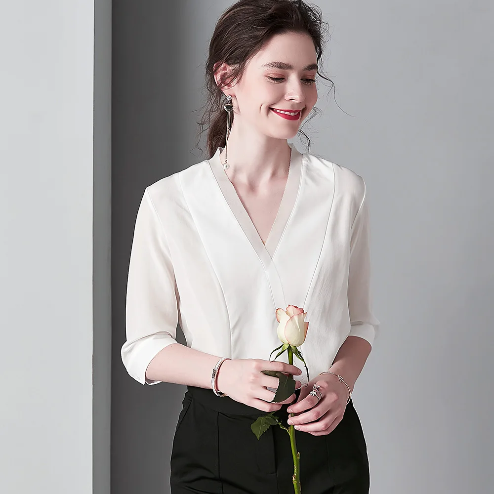 100% Pure Silk Shirts Women's Sexy V Neck 3/4 Sleeves Fashion Casual Blouse Camisa Tops 
100% Pure Silk Shirts Women's Sexy V Neck 3/4 Sleeves Fashion Casual Blouse Camisa Tops