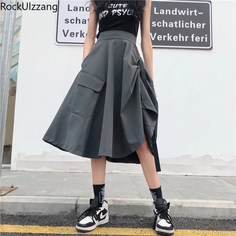 Юбка карго Rockulzzang длинная юбка с завышенной талией и карманом из ленты Харадзюку