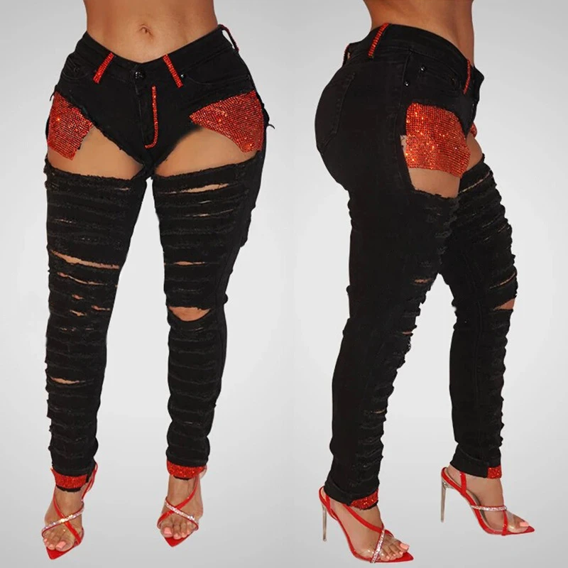 Black Stretch Borken Jeans Women Slim Fit Denim Pencil Pants Ripped Hole Sexy Push Hip Trousers Rhinestone Jean Mujer Pantalones 
Black Stretch Borken Jeans Women Slim Fit Denim Pencil Pants Ripped Hole Sexy Push Hip Trousers Rhinestone Jean Mujer Pantalones