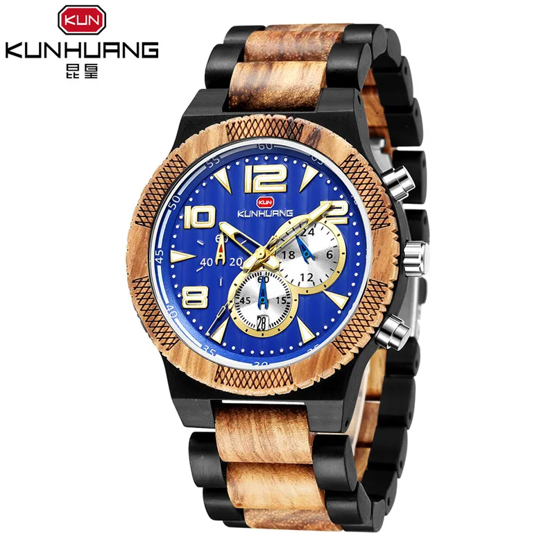 KUNHUANG Wooden Men Watches With Blue Dial 3 Small Dials All Can Work Chronograph Date Wood Watch Casual Business Mens Watches
KUNHUANG Wooden Men Watches With Blue Dial 3 Small Dials All Can Work Chronograph Date Wood Watch Casual Business Mens Watches