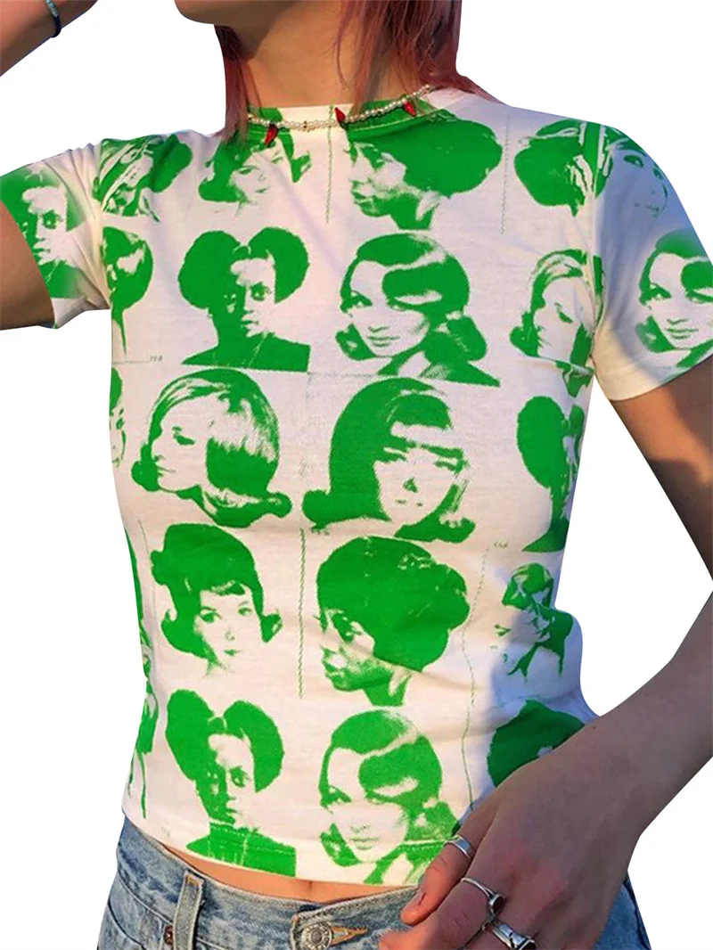 Ladies Summer Round Collar T-shirt, Girls Creative Head Portraits Printing Short Sleeve Midriff-baring Tops Slim Base Shirt
Ladies Summer Round Collar T-shirt, Girls Creative Head Portraits Printing Short Sleeve Midriff-baring Tops Slim Base Shirt
