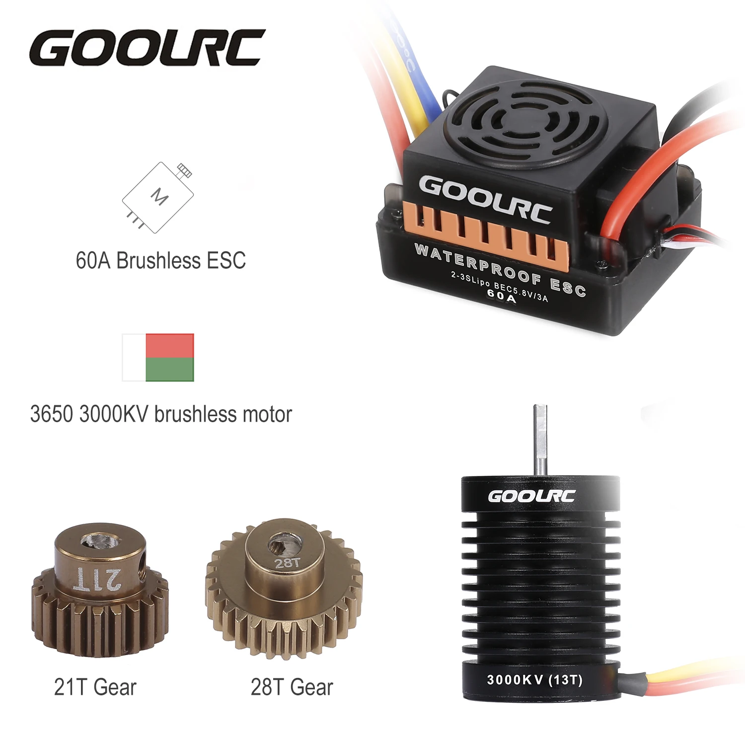 GoolRC 13T Motor 3650 3000KV Brushless Motor 60A ESC 5.8V/3A BEC 21T Gear 28T Gear Combo for 1/10 RC Car Crawler
GoolRC 13T Motor 3650 3000KV Brushless Motor 60A ESC 5.8V/3A BEC 21T Gear 28T Gear Combo for 1/10 RC Car Crawler
