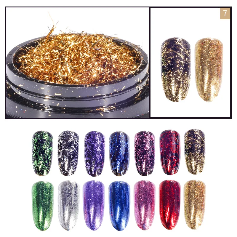 0.2g/box Manicure Gold Silver Nail Foil Wire Bright Mirror Powder Foils Wire Strips Nail Art Decoration Glitters 7 Colors Option
0.2g/box Manicure Gold Silver Nail Foil Wire Bright Mirror Powder Foils Wire Strips Nail Art Decoration Glitters 7 Colors Option