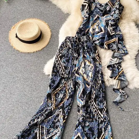 Women 2021 Summer Sets Female Vacation Style Printed Short Camisole +Pleated High-waist Wide-leg Pants Two-piece Casual Sets Y24
Women 2021 Summer Sets Female Vacation Style Printed Short Camisole +Pleated High-waist Wide-leg Pants Two-piece Casual Sets Y24