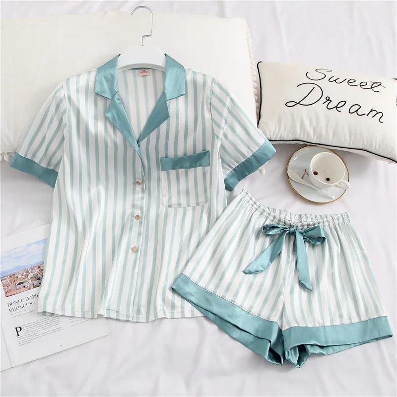 Cute Womens Pajamas Silk Two Piece Set Sleepwear Satin Pijama Pyjama Short Sleeve Shirt + Shorts Homewear Night Suits
Cute Womens Pajamas Silk Two Piece Set Sleepwear Satin Pijama Pyjama Short Sleeve Shirt + Shorts Homewear Night Suits