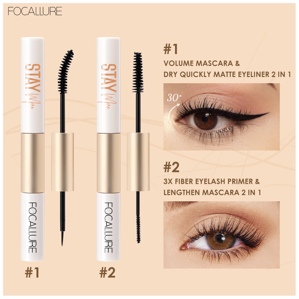 

Focallure Mascara 2 In 1 Long-Lasing Waterproof Mascara Eyeliner And Fiber Eyelash Primer 3X Lengthen Eyelashes Cosmetic Makeup