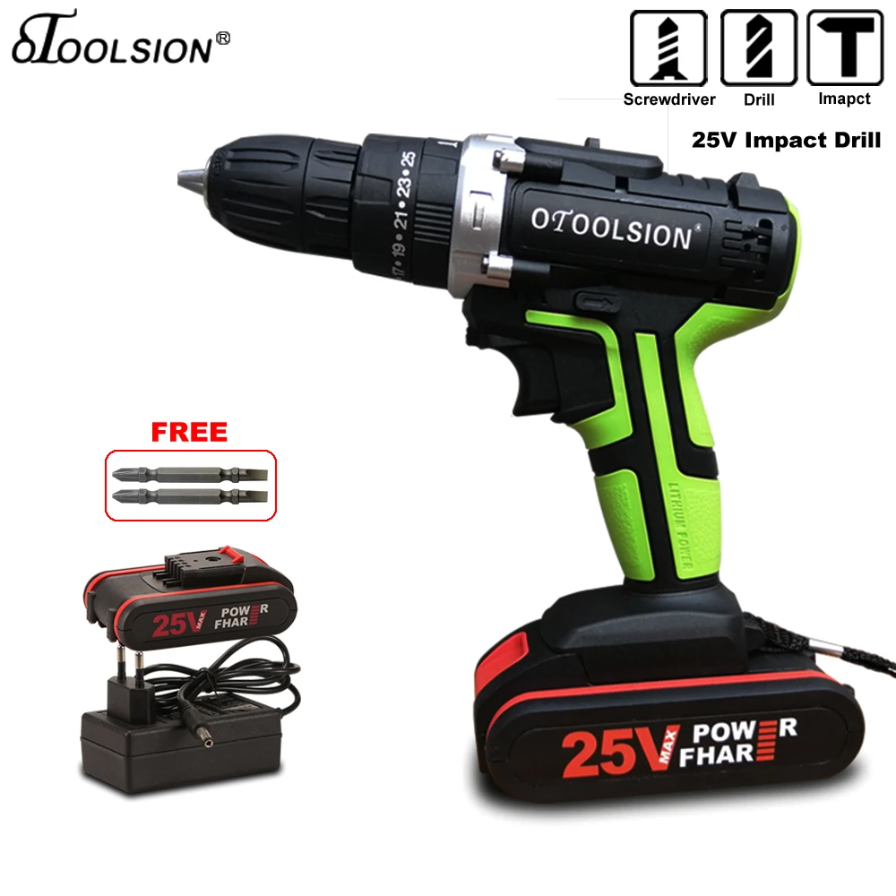 OTOOLSION 25V ударная электрическая отвертка 1600rpm 25 + 3 вращающий момент Ударная дрель электрический молоток