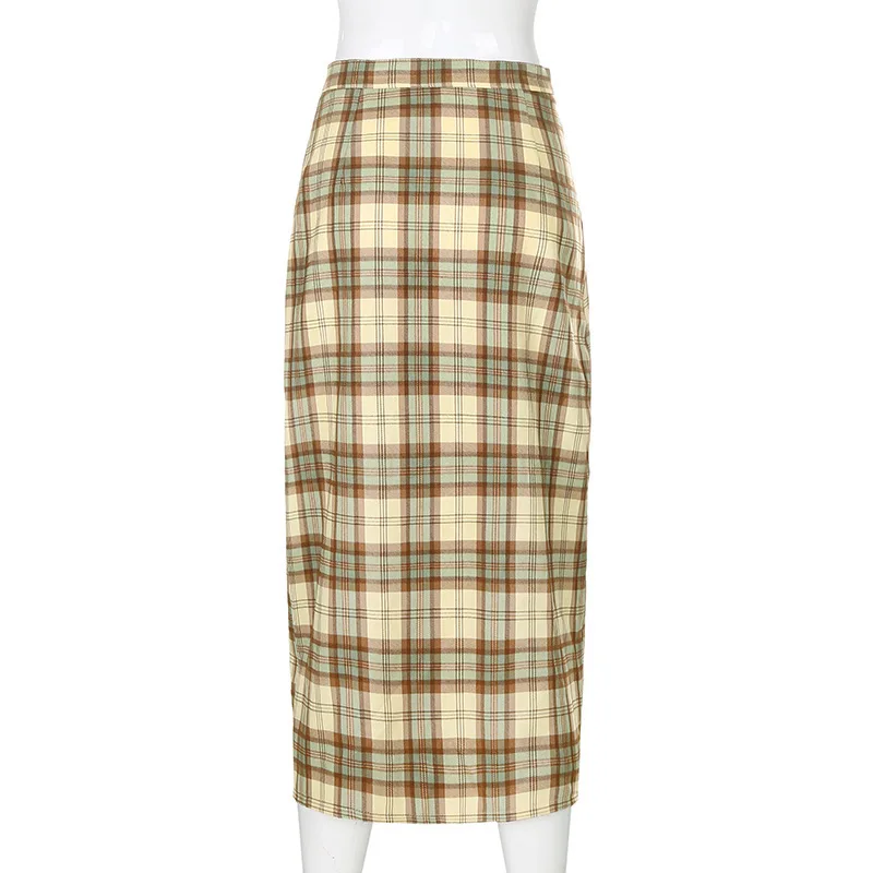 GOOHOJIO 2021 New Spring Autumn Fashionable Women Plaid Skirt High Waist Single-breasted Skirt Temperament Chic Skirt for Women