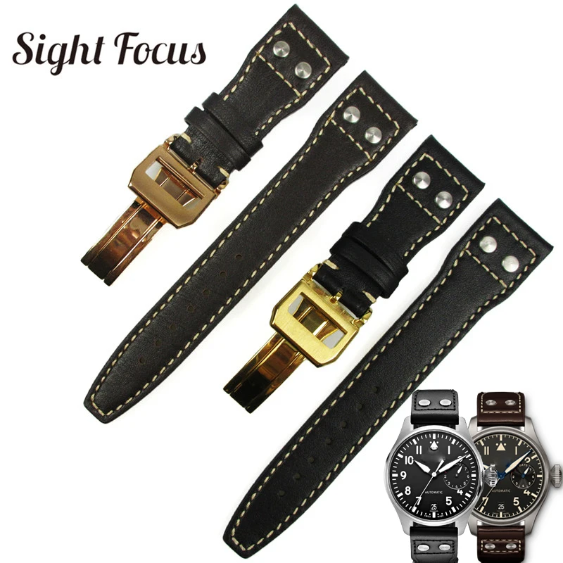 

22mm Rivets Studded Calf Leather Watch Strap for IWC Big Pilot Mark 17 Smooth Watch Band Black Coffee Watchbands Belt Bracelet
