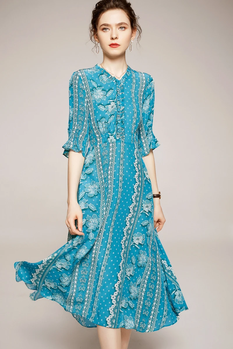 100% Silk Women's Runway Dresses Sexy V Neck Half Sleeves Floral Printed Ruffles Elegant Casual Summer Dresses Vestidos
100% Silk Women's Runway Dresses Sexy V Neck Half Sleeves Floral Printed Ruffles Elegant Casual Summer Dresses Vestidos