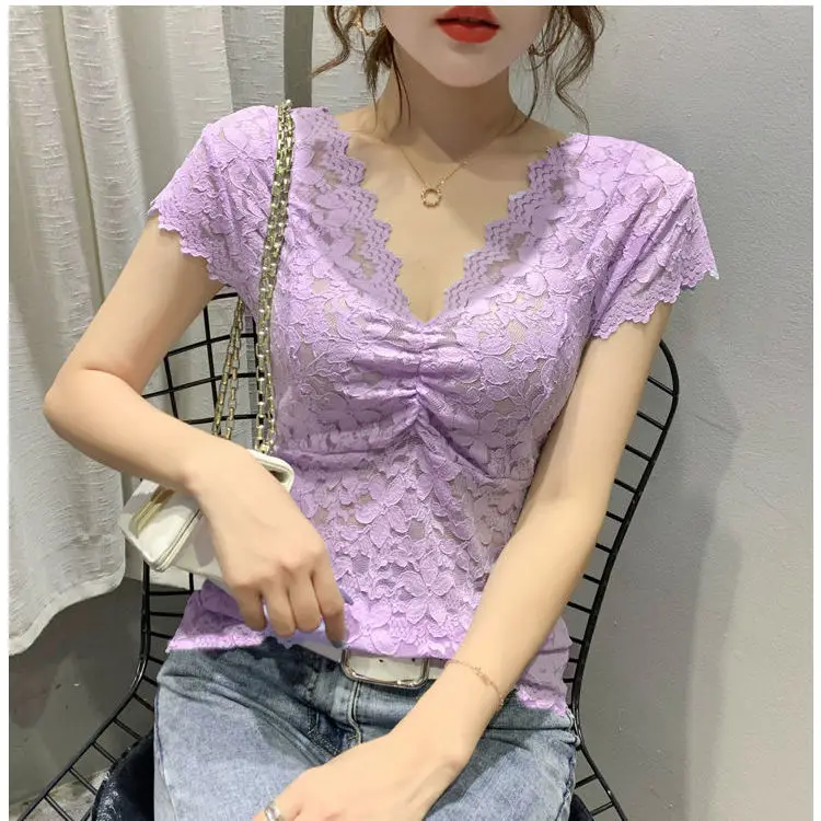 Sexy Hollow V-neck Short-Sleeved Lace Shirt Women's Summer New Fashion Slim Fit Solid Color Shirt Ins Tops P042
Sexy Hollow V-neck Short-Sleeved Lace Shirt Women's Summer New Fashion Slim Fit Solid Color Shirt Ins Tops P042