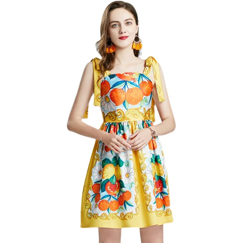 COIGARSAM Print Women Mini dress Summer Bow Spaghetti Strap Dresses Yellow 360
COIGARSAM Print Women Mini dress Summer Bow Spaghetti Strap Dresses Yellow 360
