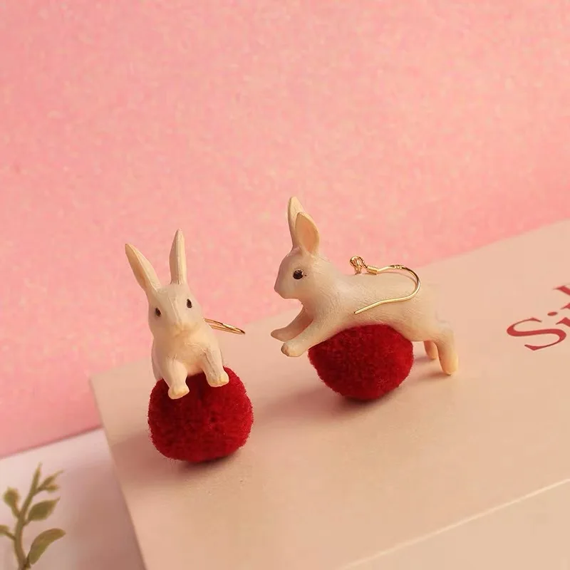 Sweet Jewelry Rabbit Earrings Fashion Women's Asymmetrical Hairball Rabbit Ear Drops Retro Resin Cute Dangler For Girls