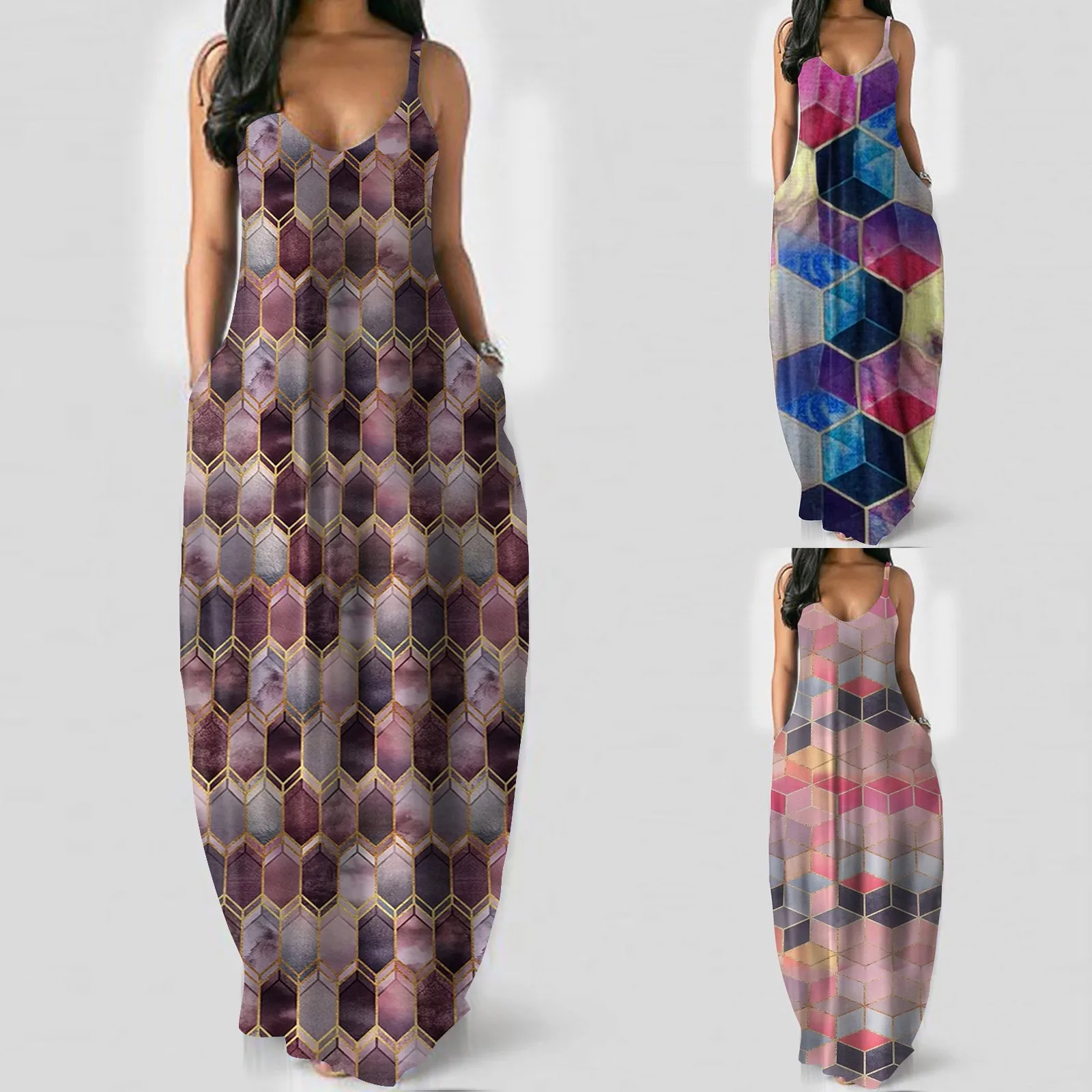 Women'S Fashion Plus Size Women'S Retro Polygonal Print Sexy Deep V Halter Long Dress Straps With Pocket Long Maxi Dress
Women'S Fashion Plus Size Women'S Retro Polygonal Print Sexy Deep V Halter Long Dress Straps With Pocket Long Maxi Dress