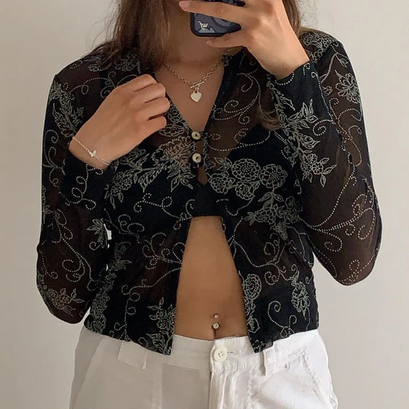 Womens Sexy V Neck Open Front Tops Long Sleeve Floral Print Sheer Mesh Button Down Shirts Soft And Comfortable Black S M L 
Womens Sexy V Neck Open Front Tops Long Sleeve Floral Print Sheer Mesh Button Down Shirts Soft And Comfortable Black S M L