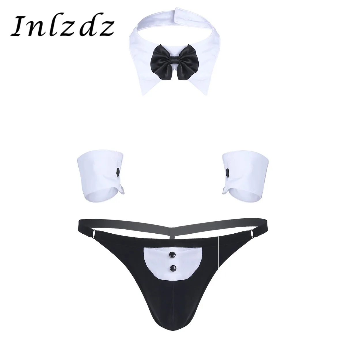 Мужское эротическое нижнее белье для официанта 3 шт., костюм для косплея, стринги с открытой спиной, стринги, нижнее белье с галстуком-бабочкой, воротником и браслетом 
Мужское эротическое нижнее белье для официанта 3 шт., костюм для косплея, стринги с открытой спиной, стринги, нижнее белье с галстуком-бабочкой, воротником и браслетом