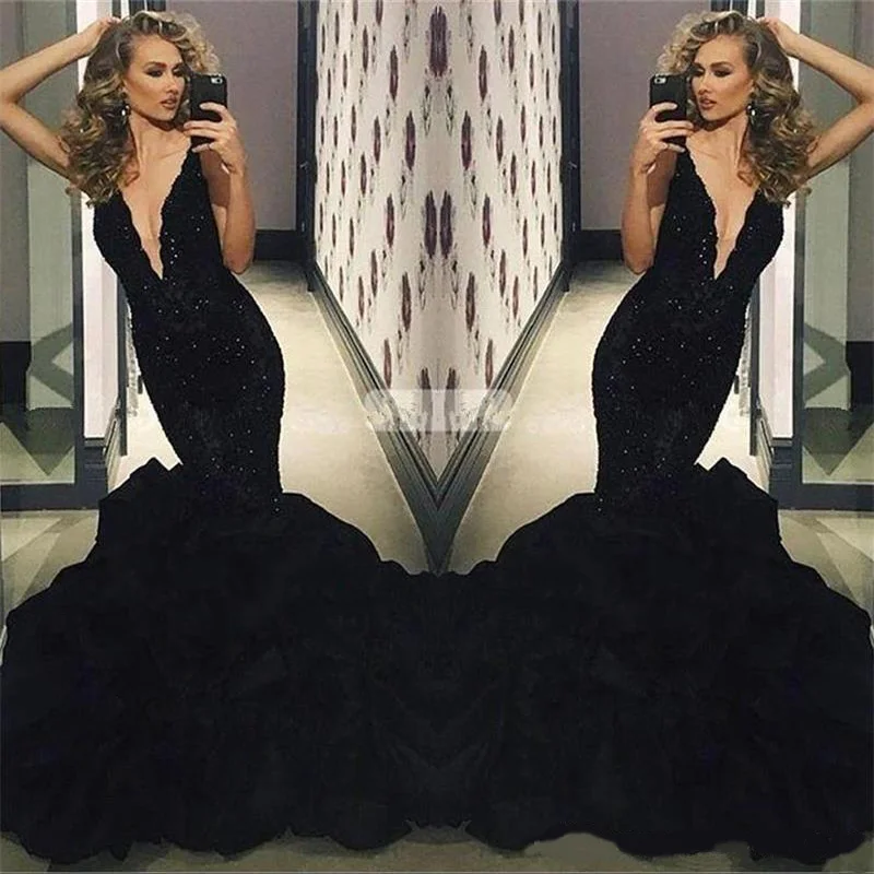 

Женское вечернее платье-русалка, черное кружевное платье с V-образным вырезом, расшитое бисером, в стиле звезд, для выпускного вечера, 2020