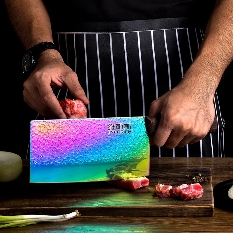 High Hardness Titanium Carbon Steel Kitchen Knives Rainbow Anti-Stick Forged Veins Slicing Meat Cleaver
High Hardness Titanium Carbon Steel Kitchen Knives Rainbow Anti-Stick Forged Veins Slicing Meat Cleaver