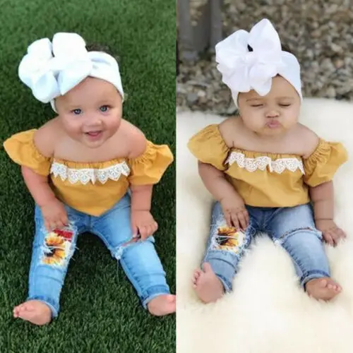 Newborn Toddler Baby Girl off Shoulder Tops +Denim Sunflower Pants Outfits Set 
Newborn Toddler Baby Girl off Shoulder Tops +Denim Sunflower Pants Outfits Set