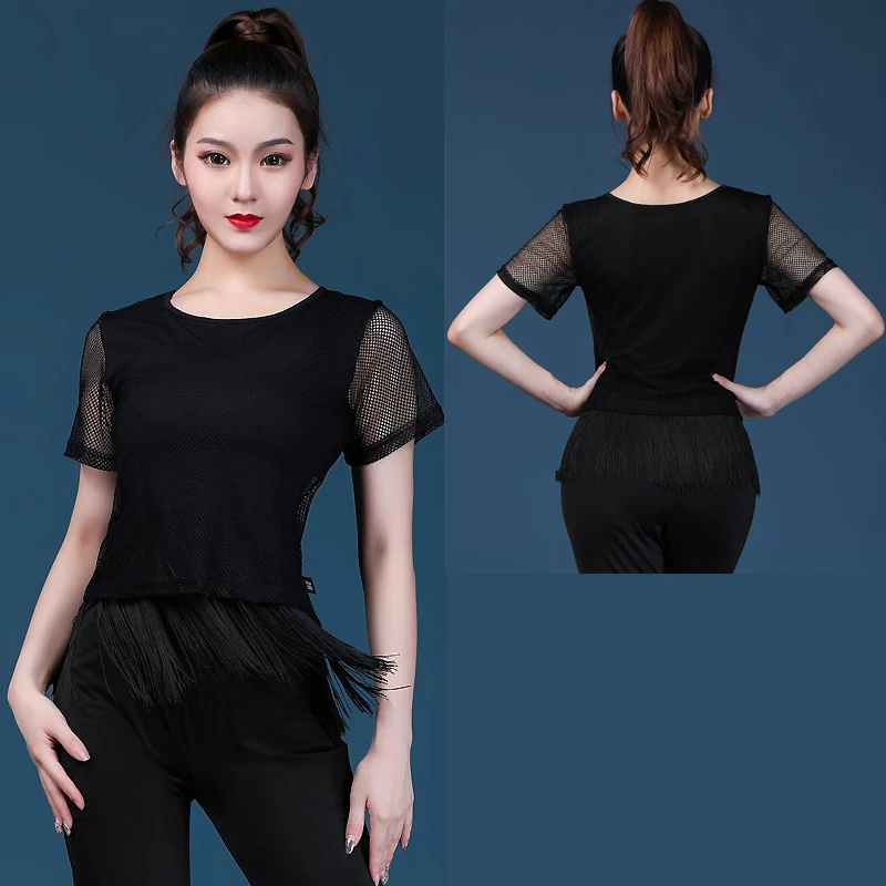Latin dance Tops female adult black 2020 new short-sleeved tassel mesh ballroom dance costumes shirts
Latin dance Tops female adult black 2020 new short-sleeved tassel mesh ballroom dance costumes shirts