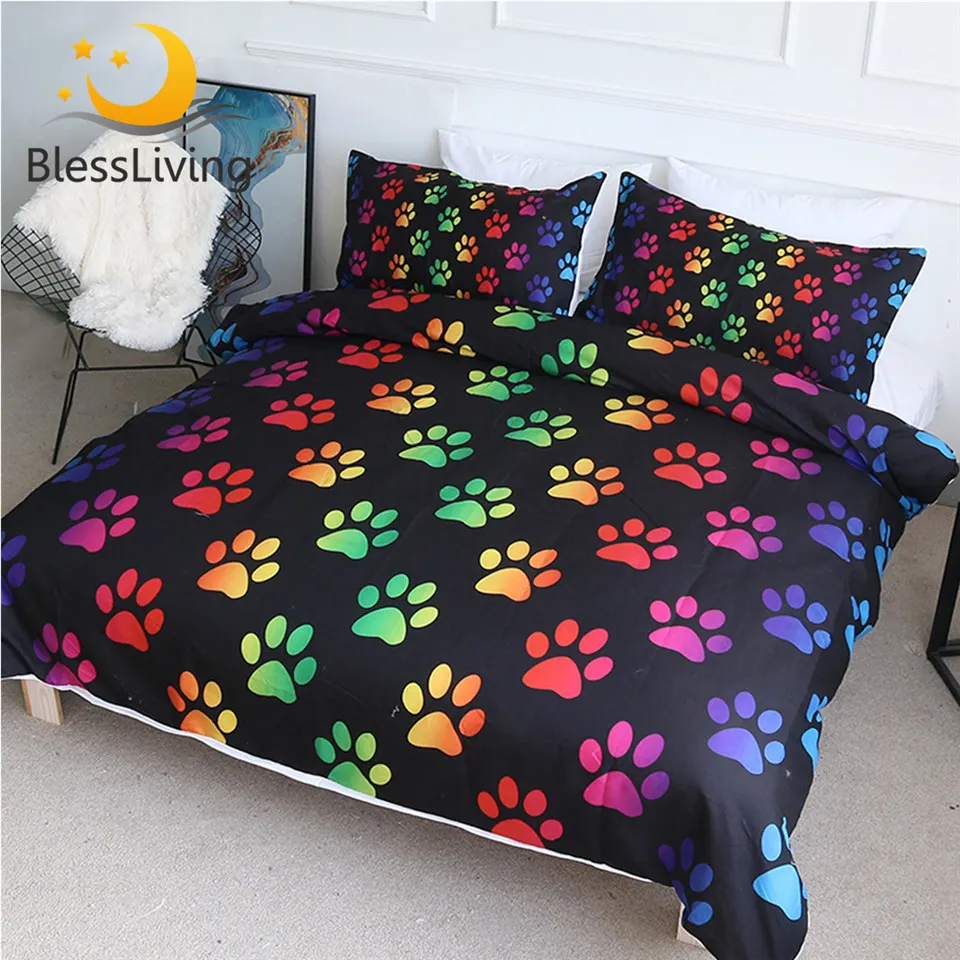 

BlessLiving Kids Duvet Cover Rainbow Paw Bed Set 3 Pieces Cute Puppy Dogs Bedding Set for Teens Colorful Bedspreads King Posciel