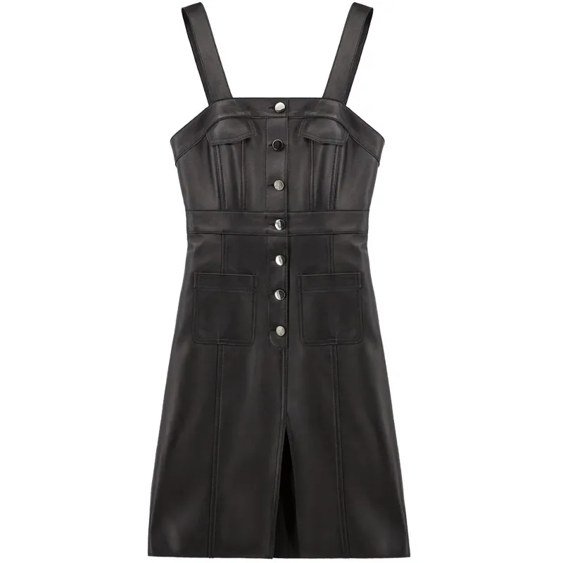 Fashion Runway Women Autumn Spring Black Genuine Leather Real Sheepskin High Waist Strap Slim Elegant Single Breasted Dress
Fashion Runway Women Autumn Spring Black Genuine Leather Real Sheepskin High Waist Strap Slim Elegant Single Breasted Dress