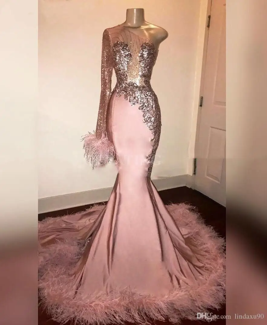 Glitter Sequin Prom Dress Long Sleeve Mermaid Pink Black Girl with Feathers Train One Shoulder African Formal Evening Gowns
Glitter Sequin Prom Dress Long Sleeve Mermaid Pink Black Girl with Feathers Train One Shoulder African Formal Evening Gowns