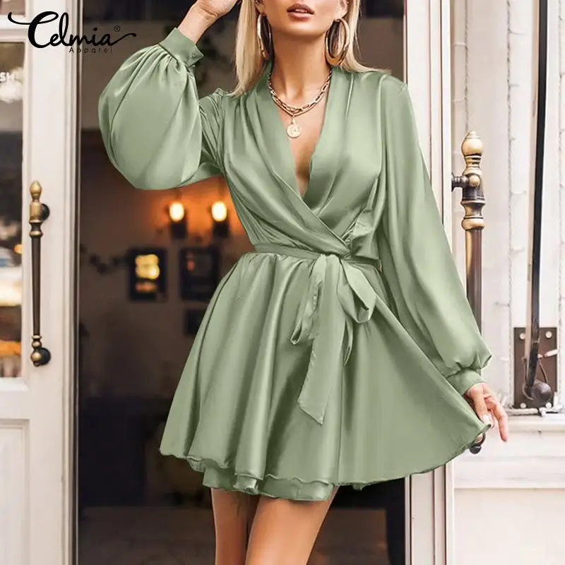 Women Vintage Long Sleeve Wrap Mini Dress Celmia Sexy Deep V Neck Bandage Sundress Casual Solid Satin Vestidos 2022 Autumn Robe
Women Vintage Long Sleeve Wrap Mini Dress Celmia Sexy Deep V Neck Bandage Sundress Casual Solid Satin Vestidos 2022 Autumn Robe