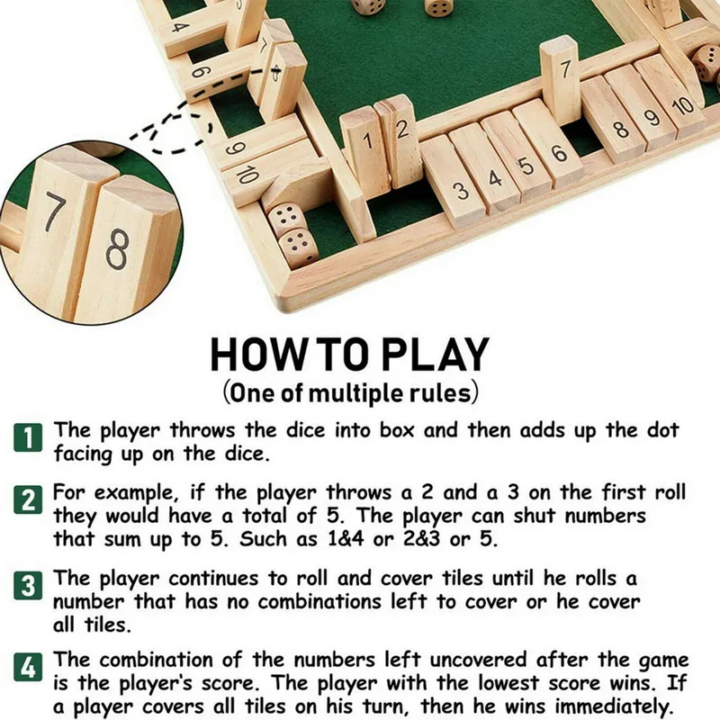 Deluxe Four Sided 10 Numbers Shut The Box Board Game Set Dice Party Club Drinking Games for Adults Families
Deluxe Four Sided 10 Numbers Shut The Box Board Game Set Dice Party Club Drinking Games for Adults Families