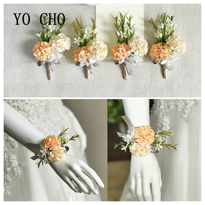 YO CHO Silk Hydrangea Flower Wrist Corsage Supplies Artificial Rose Bracelet Sister Brooch for Wedding Prom Party | Дом и сад