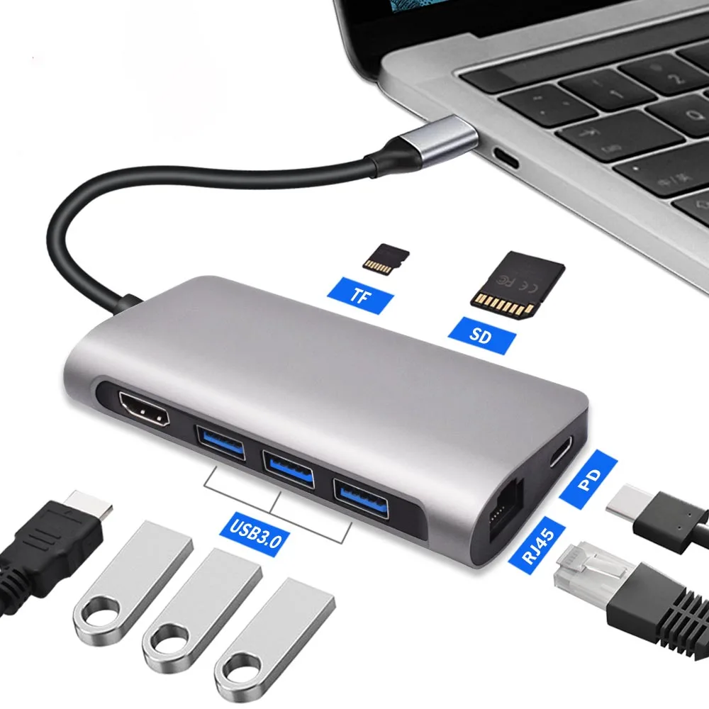 8 in 1 USB C HUB Docking Station Adapter Type-c to 4K HDMI-compatible RJ45 SD / TF Card USB3.0*3 PD Dock for Macbook Pro Laptop
8 in 1 USB C HUB Docking Station Adapter Type-c to 4K HDMI-compatible RJ45 SD / TF Card USB3.0*3 PD Dock for Macbook Pro Laptop