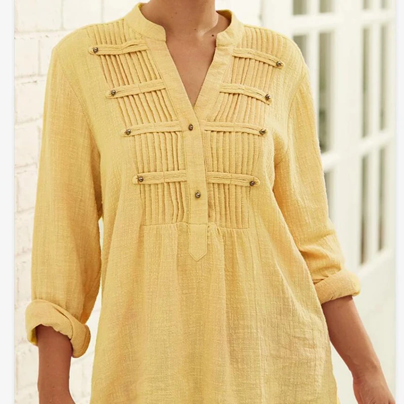 2021 summer new pure color cotton and linen exquisite pleated V-neck long-sleeved women's shirt plus size women's clothing
2021 summer new pure color cotton and linen exquisite pleated V-neck long-sleeved women's shirt plus size women's clothing