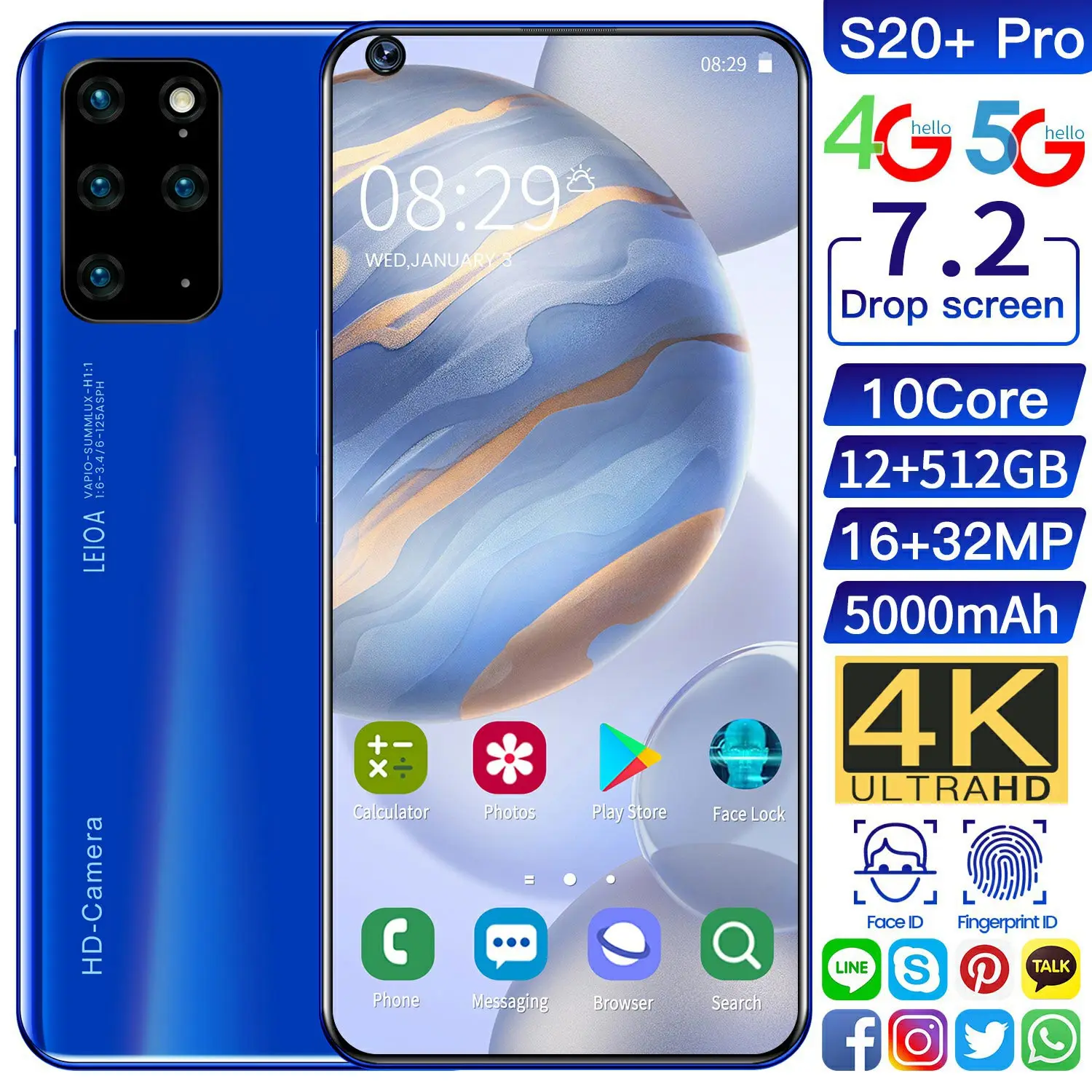 Global Version S20+Pro 7.2 Inch Smartphone 5000mah Android 10 Dual SIM 4G 5G 16MP+ 32MP HD Camera Face Wake 12GB+512GB CellPhone
Global Version S20+Pro 7.2 Inch Smartphone 5000mah Android 10 Dual SIM 4G 5G 16MP+ 32MP HD Camera Face Wake 12GB+512GB CellPhone
